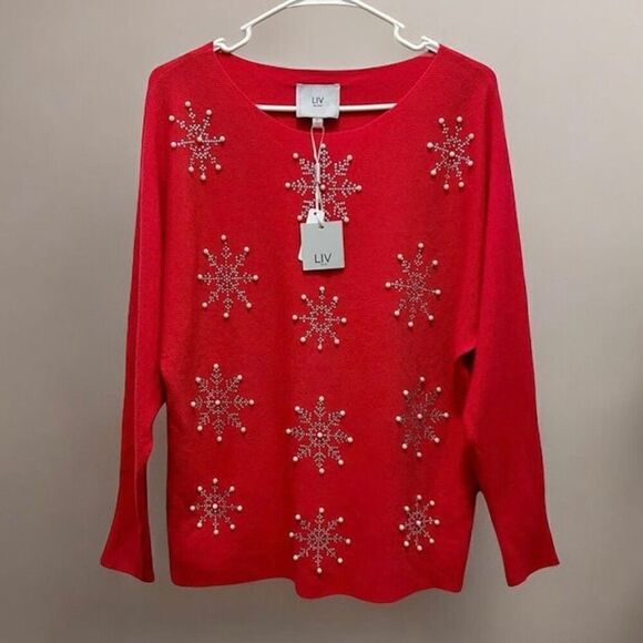 Liv Milano Red Holiday Embellished Sweater Rhinestone Pearl Snowflakes Sz S NWT - Picture 9 of 11